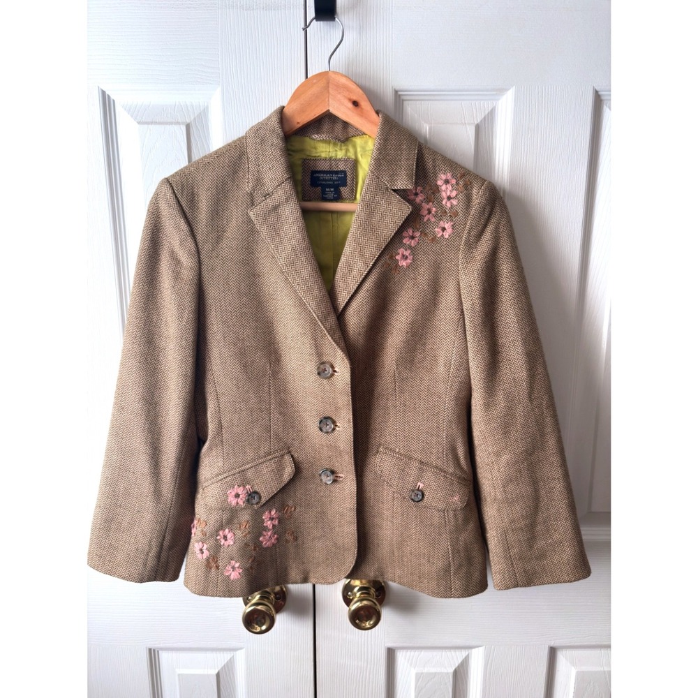 VINTAGE Y2K AEO Tan Brown Cotton Herringbone Floral Embroidered Blazer M